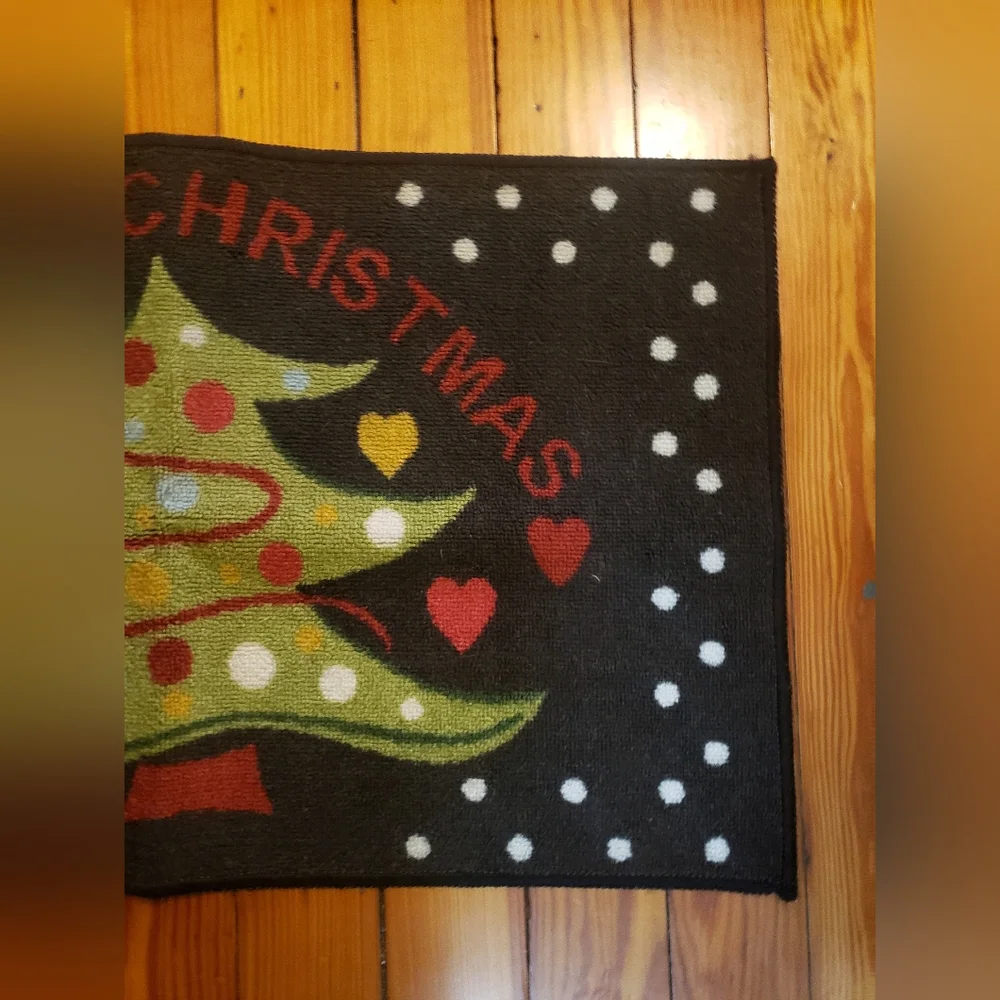 Merry Christmas Tree Doormat Rug Black W Colorful Hearts Polka Dot Snow